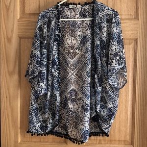 Navy and white kimono type, pom Pom detail